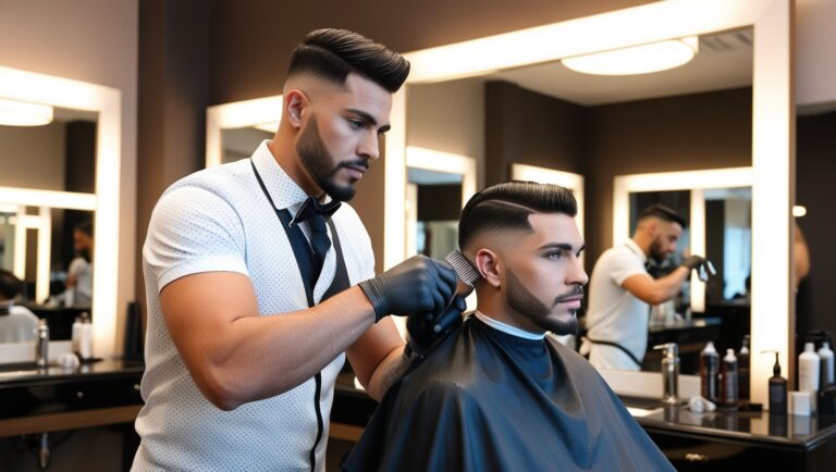 Professional barber giving a clean fade haircut to a stylish male client at GQ Men’s Hair Lounge in Dubai. The luxurious barbershop features modern decor, large mirrors, and warm lighting, showcasing a high-end grooming experience.