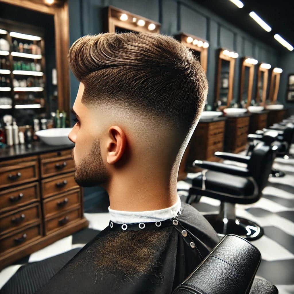 A well-defined skin fade haircut done by an expert barber, showing a clean transition from thick hair on top to skin near the neck, set in a modern barbershop.