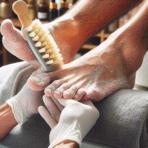 Foot exfoliation and callus treatment during men’s pedicure in Dubai.