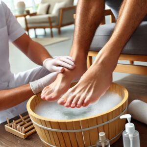 Relaxing foot soak and massage during men’s pedicure in Dubai.