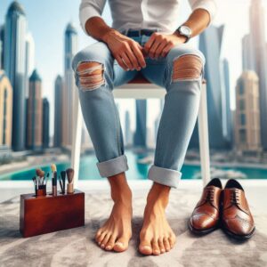 Well-groomed man showcasing smooth feet after professional pedicure in Dubai