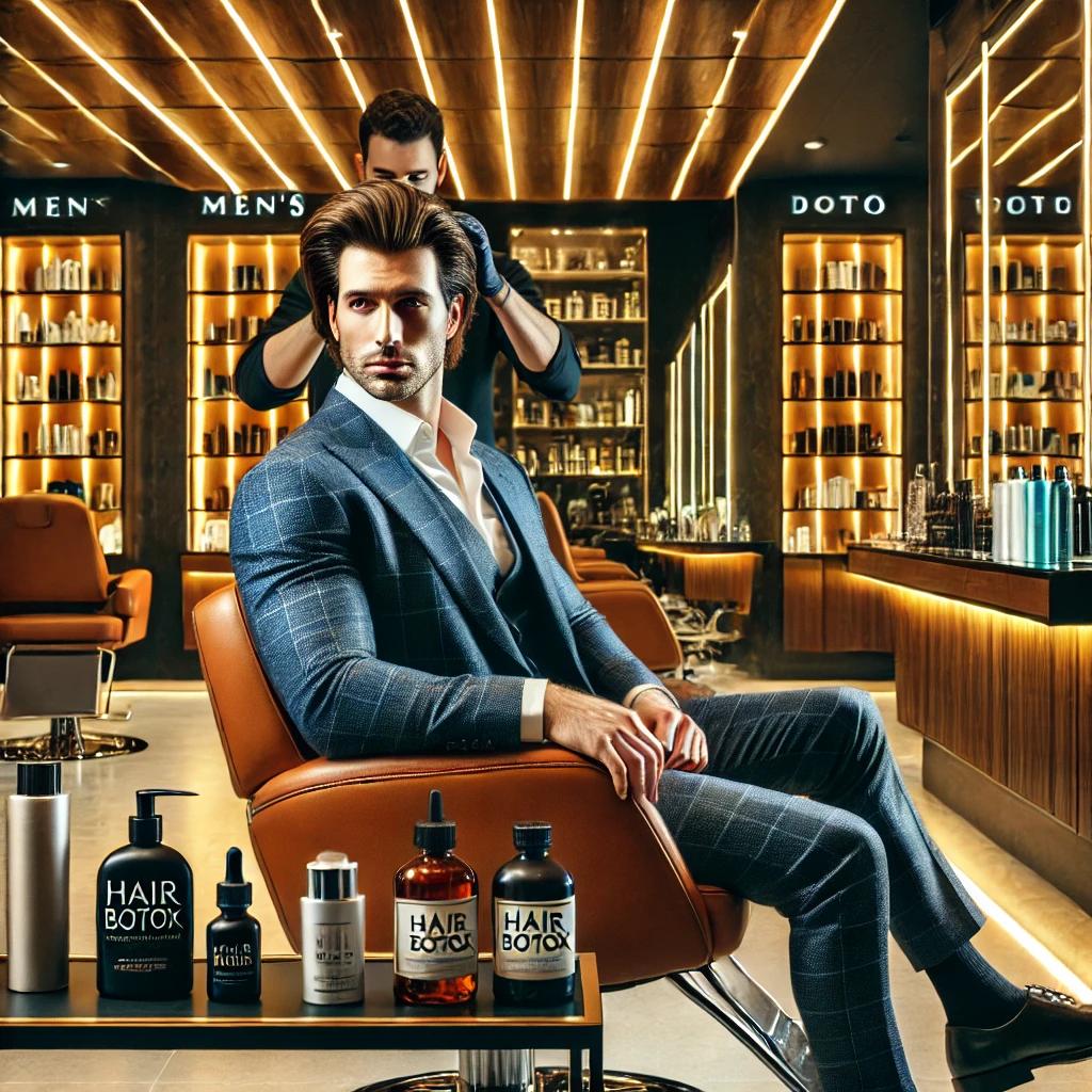 A stylish man receiving a Hair Botox treatment in a luxury men's salon in Dubai, with smooth, shiny hair, modern interiors, and a professional hairstylist applying the treatment.